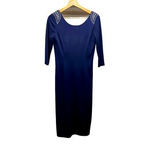 Navy blue body con low back midi dress